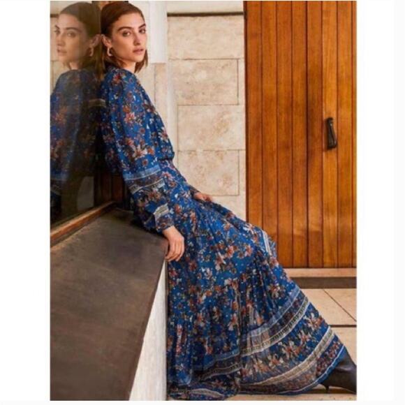 Veronica Beard Sama Silk Maxi Dress 4 Paisley Floral Blue Boho Romantic Western - Picture 3 of 11